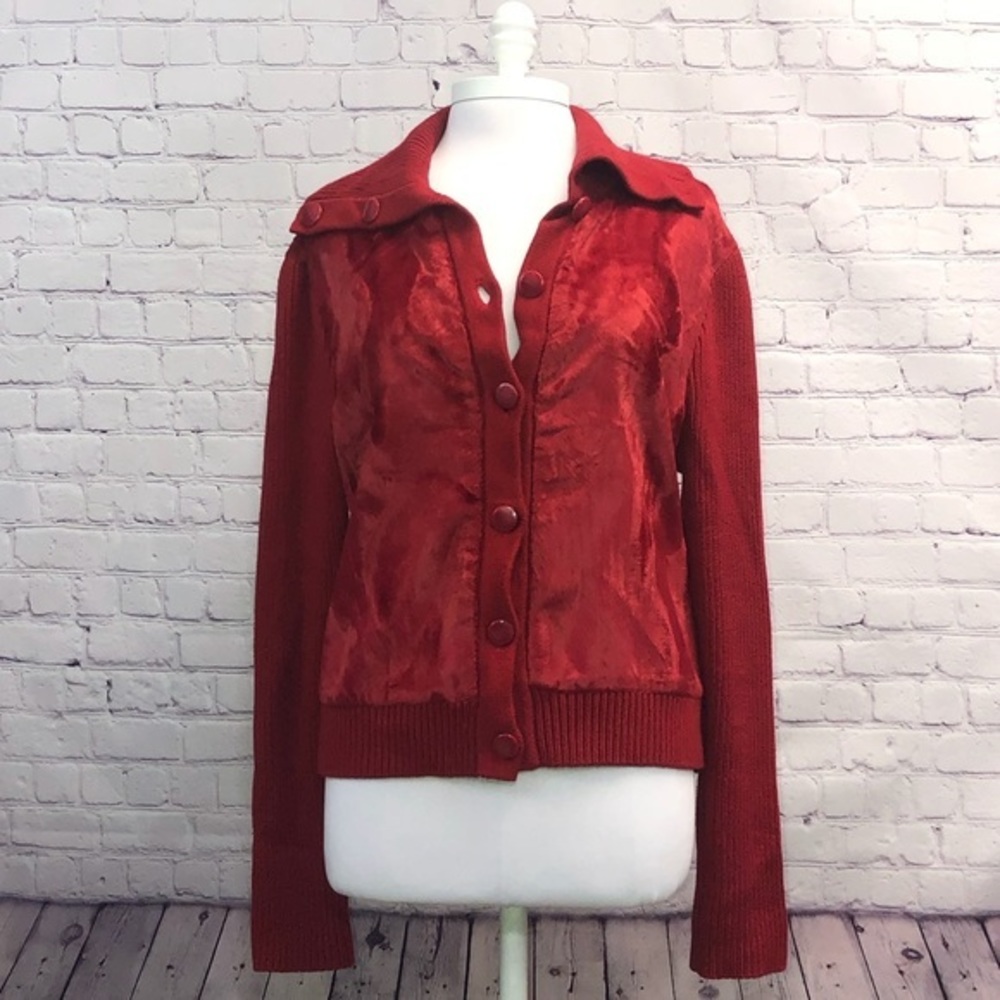 TEXXY LEWIS RED FAUX FUR BUTTON DOWN SWEATER SIZE LARGE CARDIGAN